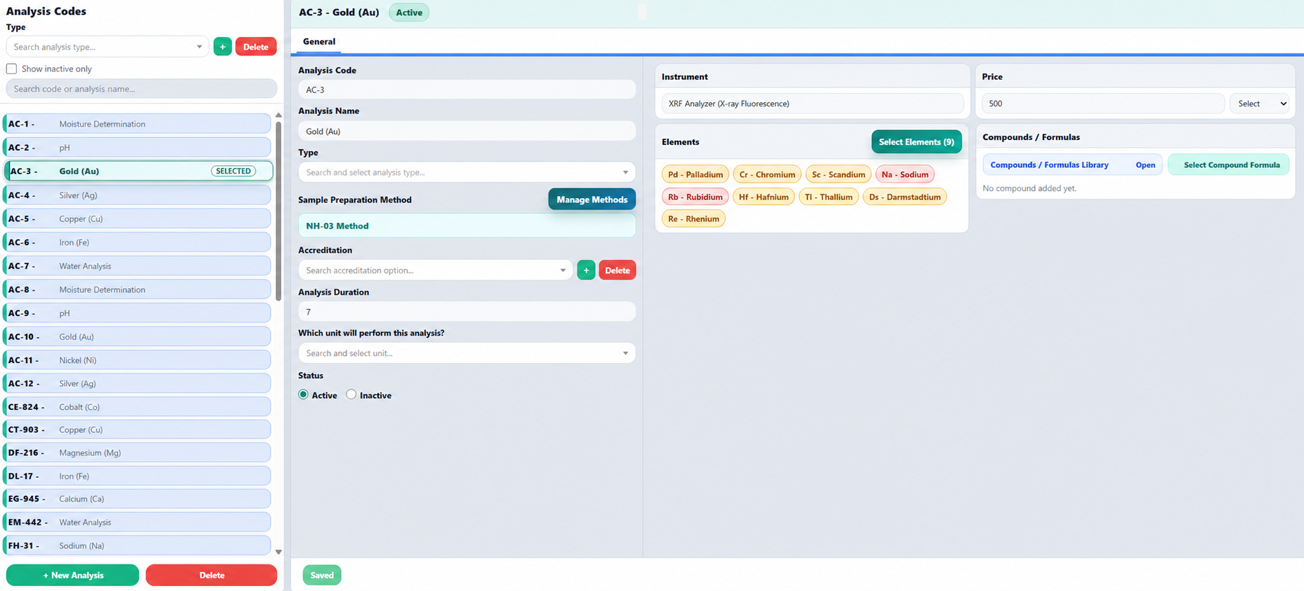 Analysis code, method, instrument and element definition screen