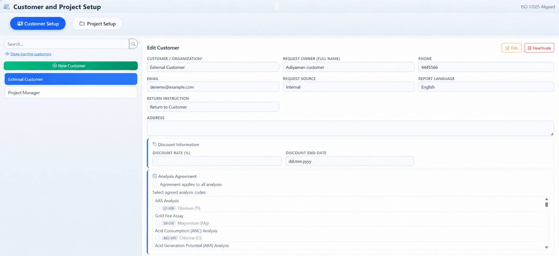 Laboratory customer, project and report language setup screen