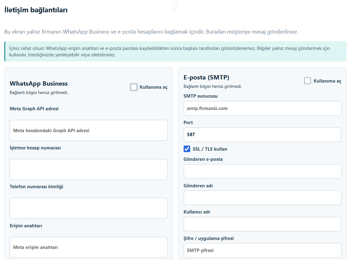 WhatsApp Business ve SMTP e-posta bağlantı ayarları ekranı